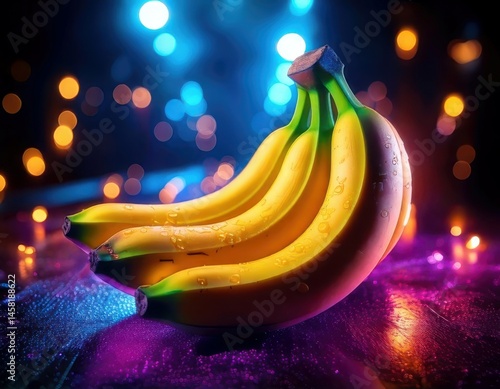 Banana under magical lighting with neon glow, immersed in a soft bokeh fantasy background