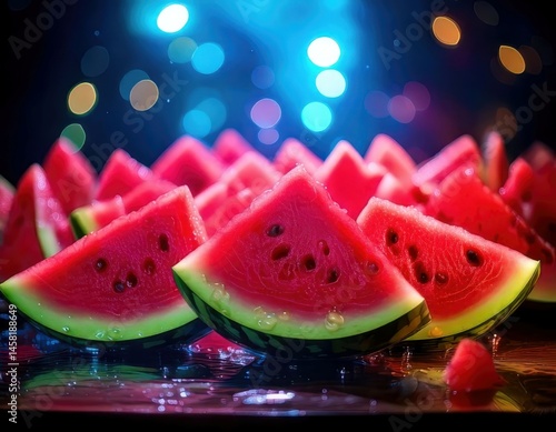 Obraz na płótnie Watermelon under magical lighting with neon glow, immersed in a soft bokeh fantasy background w salonie