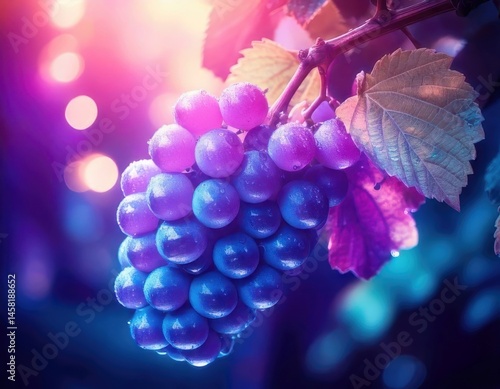 Obraz na płótnie Grapes under magical lighting with neon glow, immersed in a soft bokeh fantasy background w salonie