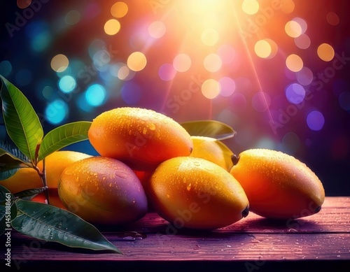 Obraz na płótnie Mango under magical lighting with neon glow, immersed in a soft bokeh fantasy background w salonie