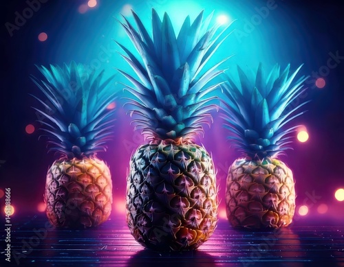 Obraz na płótnie Pineapple under magical lighting with neon glow, immersed in a soft bokeh fantasy background w salonie