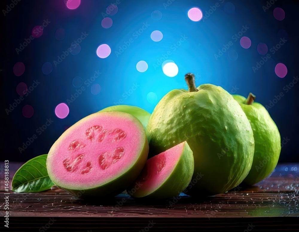 Guava under magical lighting with neon glow, immersed in a soft bokeh fantasy background