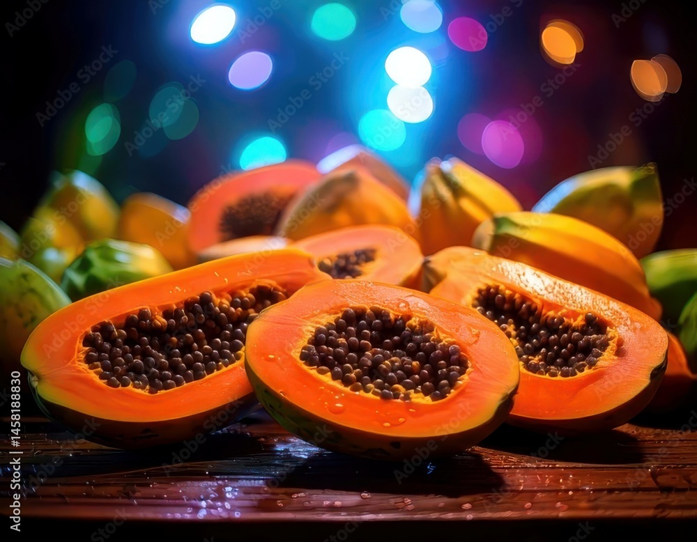 Papaya under magical lighting with neon glow, immersed in a soft bokeh fantasy background