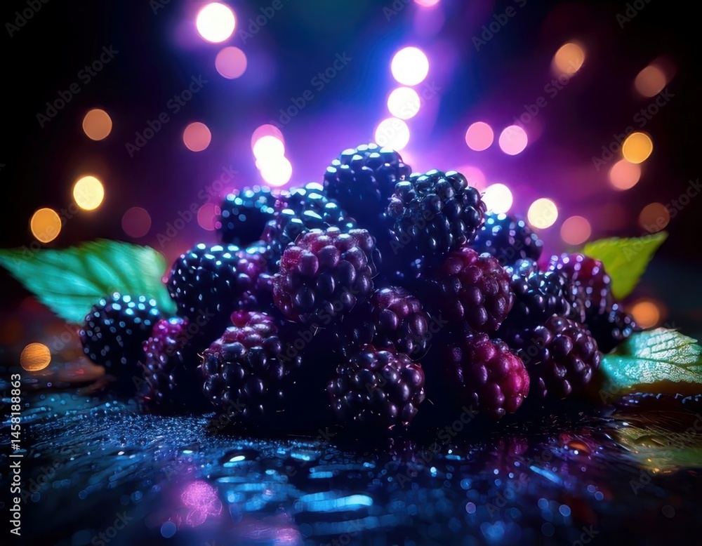 Blackberry under magical lighting with neon glow, immersed in a soft bokeh fantasy background