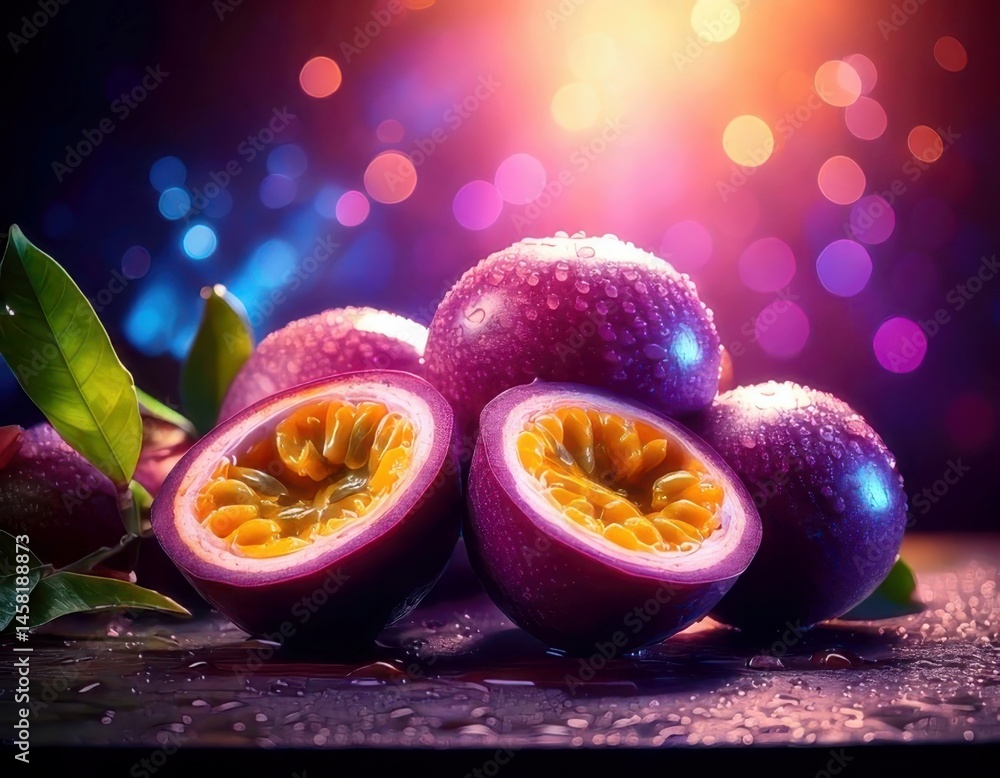 Passion Fruit under magical lighting with neon glow, immersed in a soft bokeh fantasy background