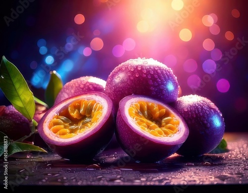 Passion Fruit under magical lighting with neon glow, immersed in a soft bokeh fantasy background
