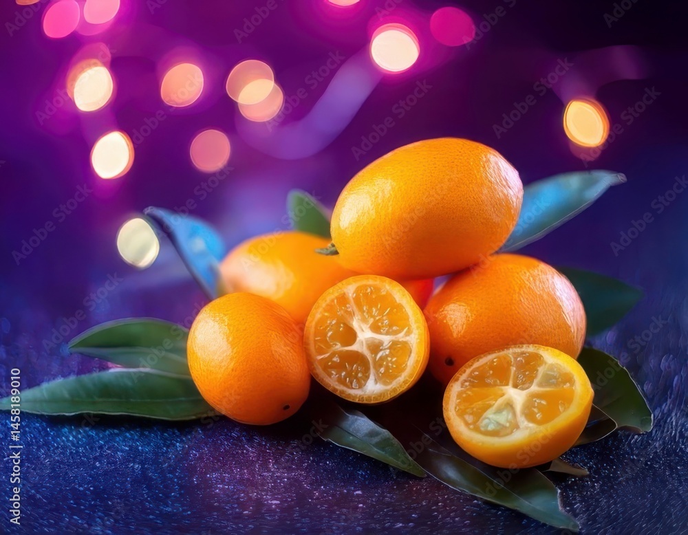 Kumquat under magical lighting with neon glow, immersed in a soft bokeh fantasy background