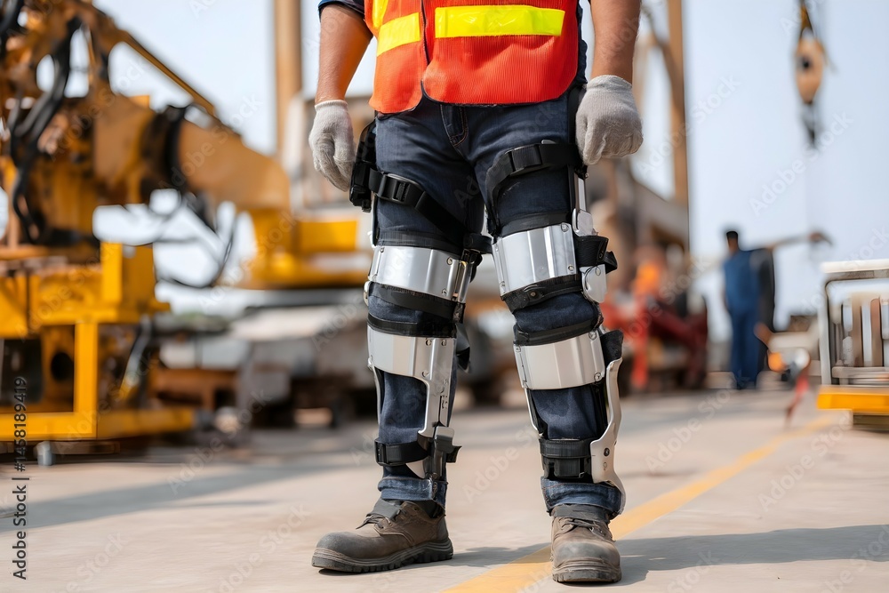 Obraz premium A man in a yellow vest and blue jeans stands in front of a yellow crane