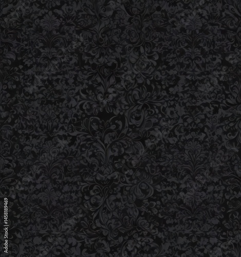 Elegant black gothic damask; swirling floral vines, seamless repeat, decor, ornate