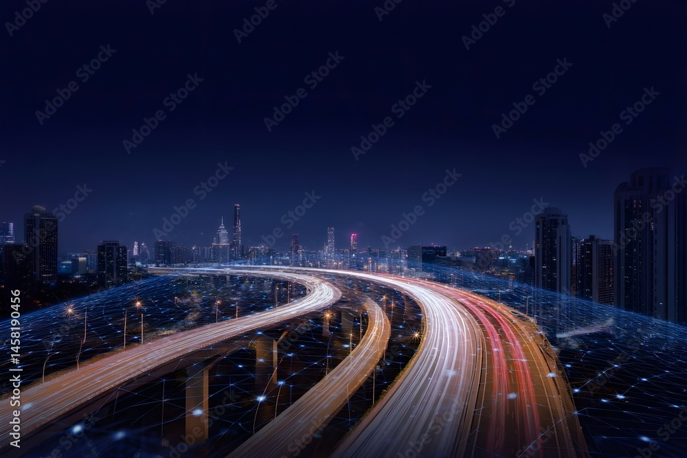 A city at night with a highway in the middle A city at night with a highway in the middle