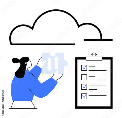 Woman placing puzzle piece next to clipboard with task checklist under cloud graphic. Ideal for teamwork, project management, workflow, data sync, organization, planning, simple landing page