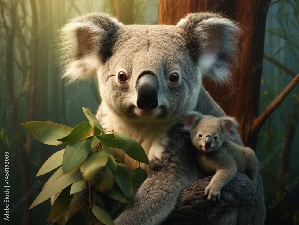 Fototapeta premium Mother Koala Carrying Baby on Her Back A Tender Moment.