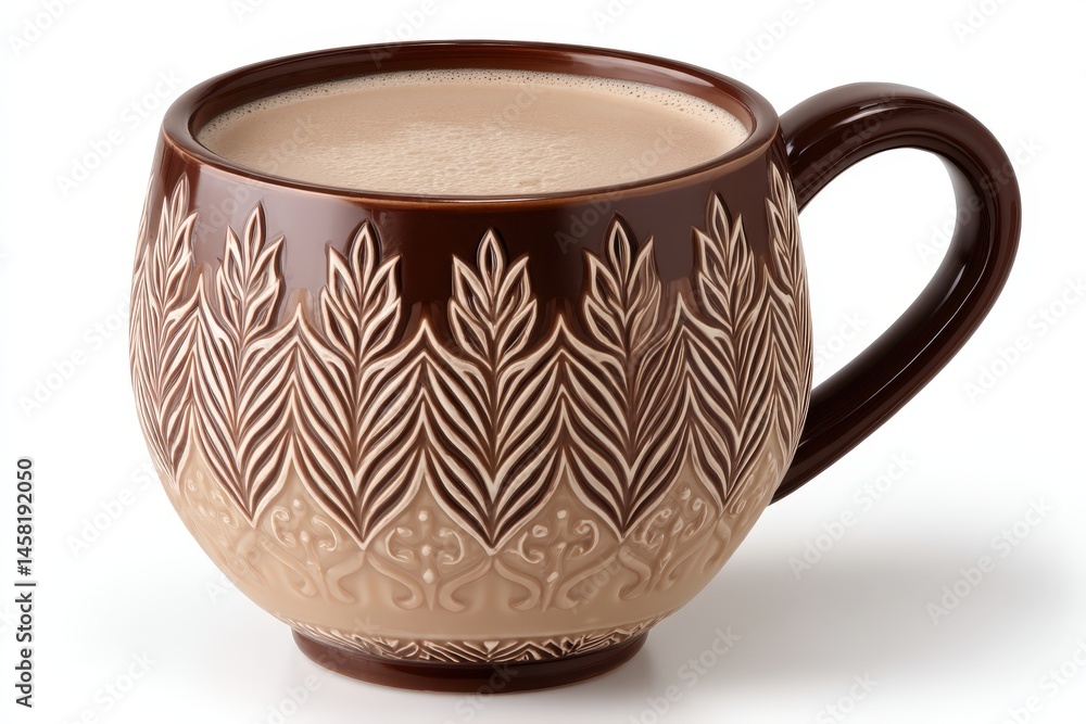 Artistic ceramic mug with intricate leaf patterns showcasing rich brown hues and frothy beverage on top inviting warmth and comfort for cozy moments and delightful coffee experiences Artistic ceramic mug with intricate leaf patterns showcasing rich brown hues and frothy beverage on top inviting warmth and comfort for cozy moments and delightful coffee experiences