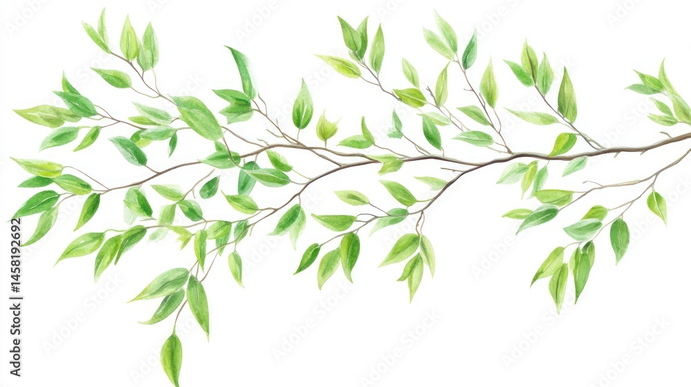 Fototapeta premium Watercolor Painting of a Lush Green Branch with Vibrant Foliage