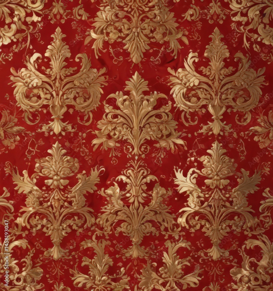 Golden damask pattern, rich red accents, seamless , scroll, texture Golden damask pattern, rich red accents, seamless , scroll, texture