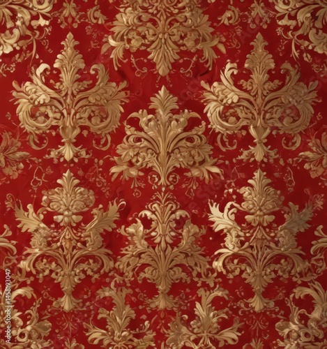 Golden damask pattern, rich red accents, seamless  , scroll, texture