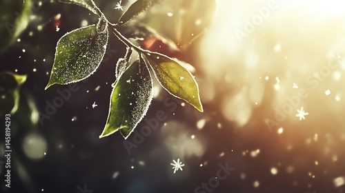 Frosty leaves, snowfall, winter garden, bokeh background, holiday card