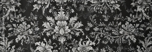 Elegant black and white damask pattern, intricate floral details , decorative, photography, white