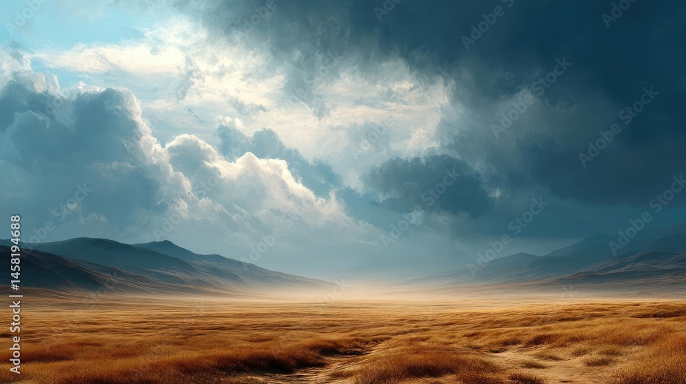 Fototapeta premium Panorama sand storm above dry dune with huge dust cloud concept. A serene landscape showcasing golden fields under dramatic skies.