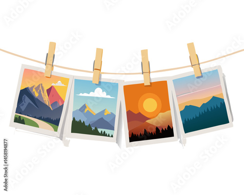 photos hanging on the clothesline
