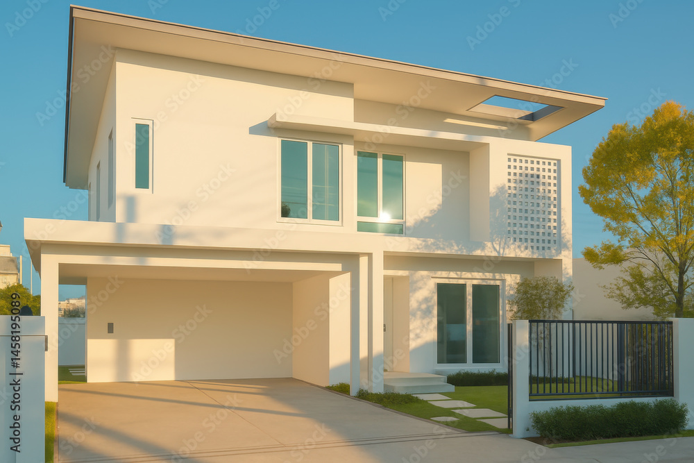 Modern two story house with large windows and carport, surrounded by fence and greenery under clear blue sky, creating calm and inviting atmosphere Modern two story house with large windows and carport, surrounded by fence and greenery under clear blue sky, creating calm and inviting atmosphere