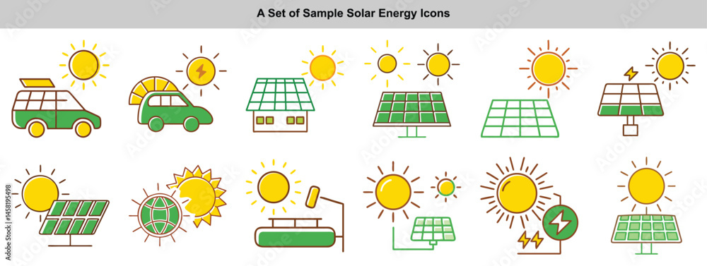 Fototapeta premium Solar Energy Vector Icons Set: Green Cars, House, Panels, Water Heater, Battery Charging, Sun, isolated on white