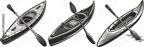 Kayaks and Canoes Paddle Sports Water Adventure Black and White Silhouette Vector Illustration