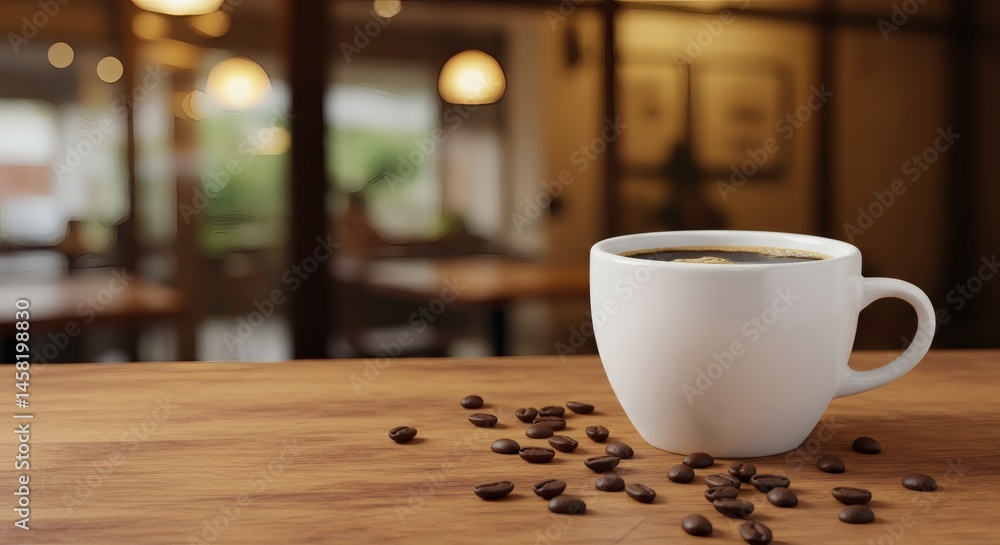 Enjoying Fresh Hot Coffee Cup with Beans in Warm Restaurant Setting Enjoying Fresh Hot Coffee Cup with Beans in Warm Restaurant Setting