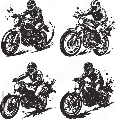 Classic Motorcycle Riders in Motion Bold Black and White Silhouette Vector Illustration Design