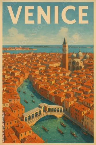 Vintage travel poster featuring a picturesque aerial view of Venice with gondolas gliding along the Grand Canal, the Rialto Bridge, and St Mark's Campanile