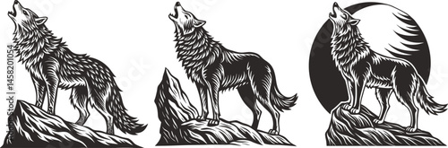 Wolves Howling on Mountain Peaks Moonlit Night Vector Illustration Concept