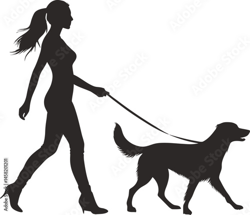 Woman walking dog silhouette black and white vector illustration