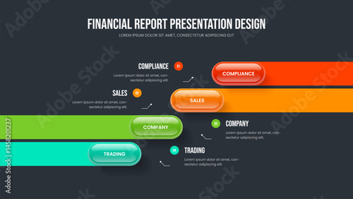 Business Strategy Four Element Infographic Presentation Layout. Corporate Introduction Frame Template Vector Illustration. Marketing Overview 4 Step Diagram Slide Design.