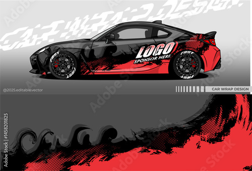 Car wrap design vector with black red colour. Abstract decal livery. Sticker vinyl body car. Suitable for racing, drift, rally or daily use	
