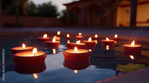 Floating candles water reflection peaceful evening ambiance photo