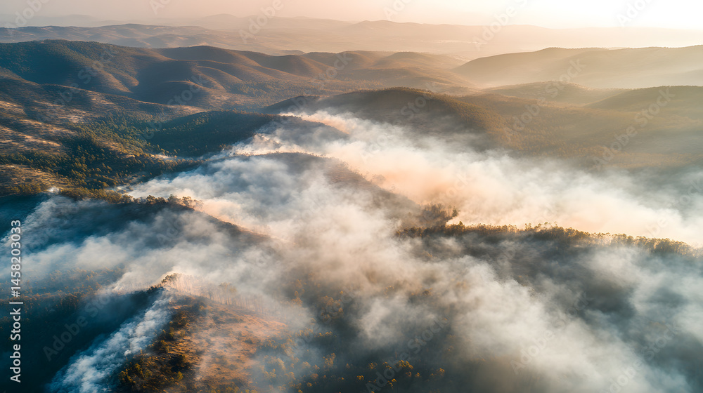 Fototapeta premium Aerial view of wildfire spreading through forested mountain range, with smoke billowing into sky