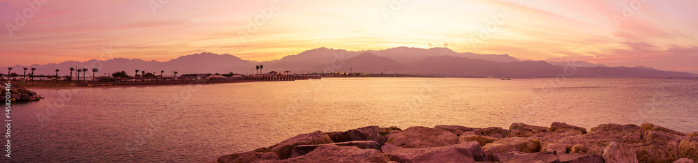 Gulf of Aqaba Sunrise panorama, Eilat and Aqaba