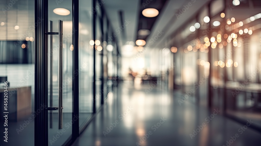 Blurred office interior with glass door and ambient lighting modern workspace stylish environment Blurred office interior with glass door and ambient lighting modern workspace stylish environment