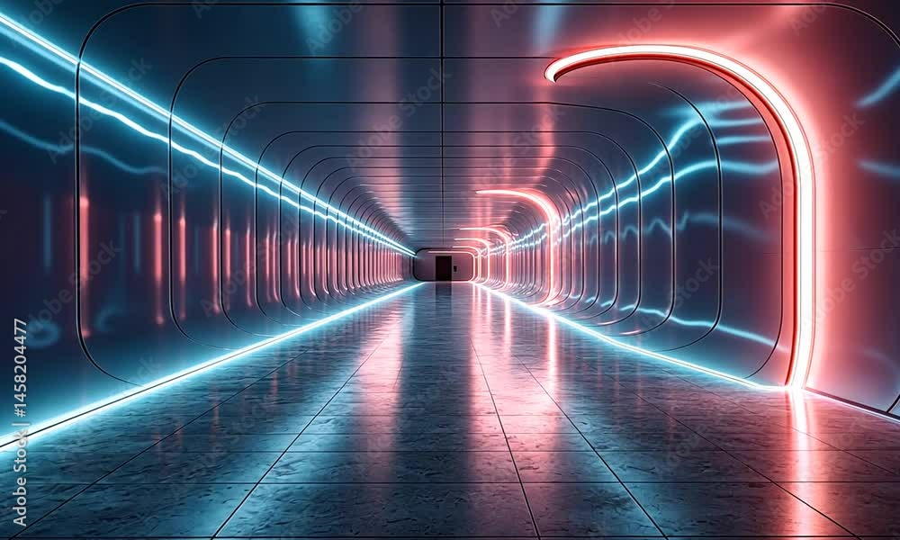 Futuristic illuminated corridor with neon lights reflecting on sleek surfaces Futuristic illuminated corridor with neon lights reflecting on sleek surfaces