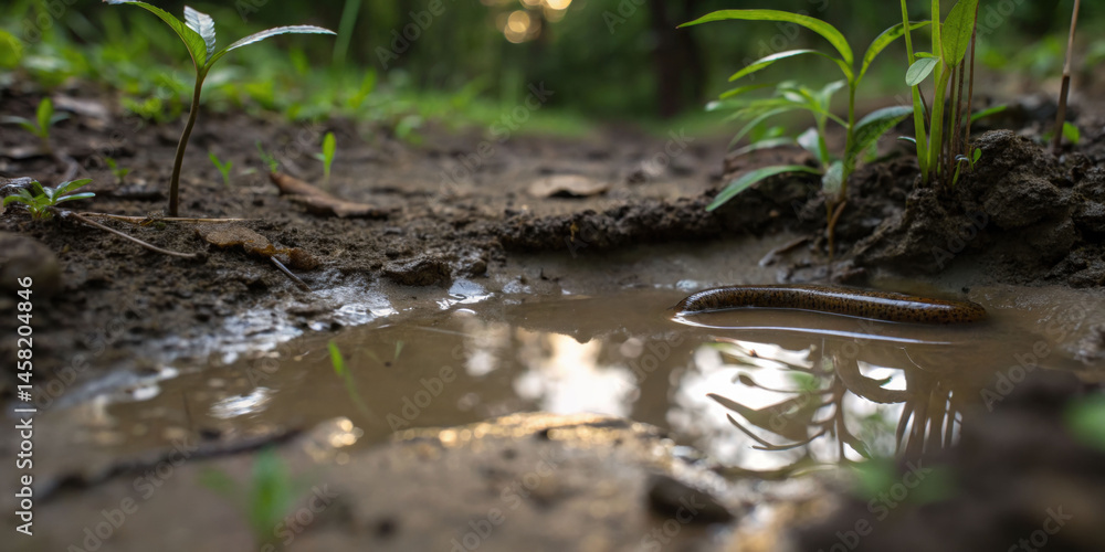 Leech encounter in muddy puddle nature scene ground level shot with dirt and plants Leech encounter in muddy puddle nature scene ground level shot with dirt and plants