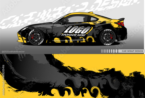 Car wrap design vector with black yellow colour. Abstract decal livery. Sticker vinyl body car. Suitable for racing, drift, rally or daily use	