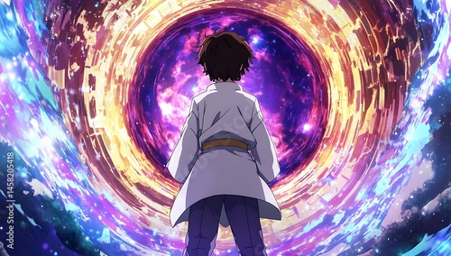 Anime character standing before a portal of cosmic energy ready to explore dimensions