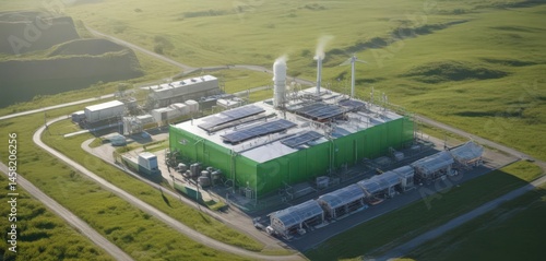 Isometric view of a green hydrogen power plant fueled by solar energy ,  energy,  solar power