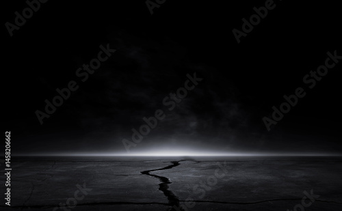 3D Rendering Abstract crack asphalt light in a dark empty street lightning.