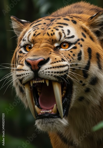 Close up of a saber toothed tiger displaying aggression