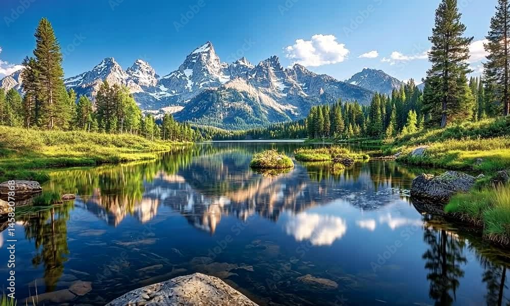 Serene mountain landscape with a reflective lake, lush greenery, and distant peaks under a clear sky Serene mountain landscape with a reflective lake, lush greenery, and distant peaks under a clear sky