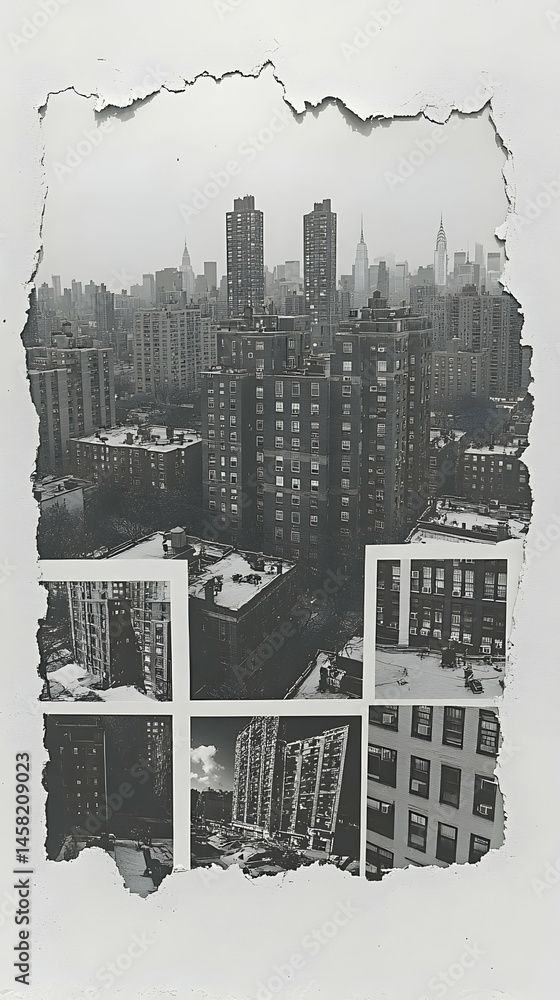 Obraz premium Torn-edge black and white photo collage of a city skyline, showcasing various building perspectives from high above