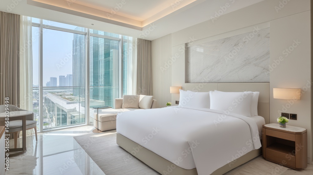 Fototapeta premium Modern hotel suite with panoramic city view. Large windows offer a stunning vista of the cityscape. Light neutral tones create a calming atmosphere. Comfortable bed and seating area are present