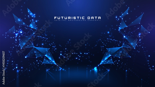 Futuristic background with blue polygon glowing elements. Digital network technology and data flow design. Vector illustration.