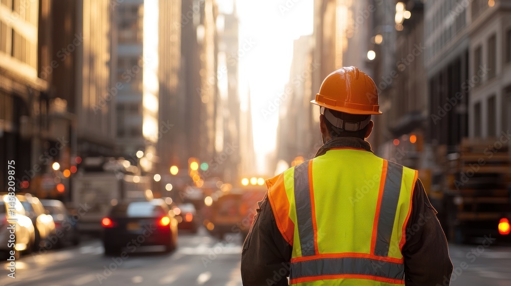 A construction worker in safety gear stands on a busy urban street, observing the city bustling with activity during sunset. A construction worker in safety gear stands on a busy urban street, observing the city bustling with activity during sunset.